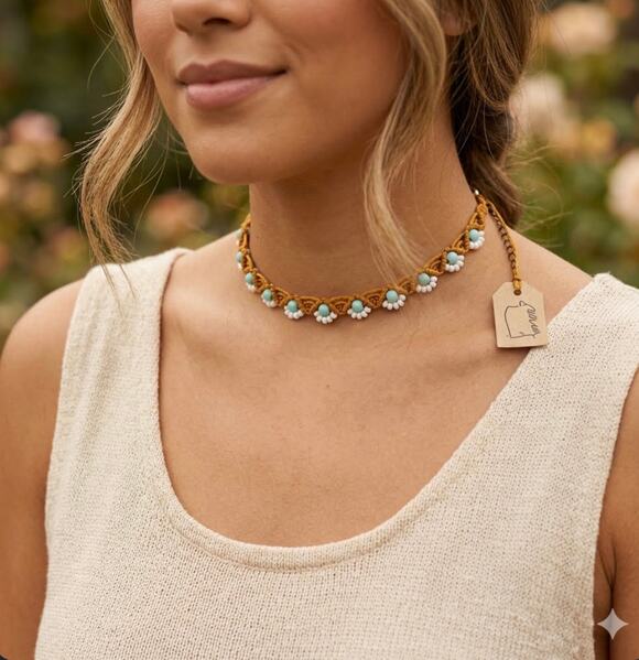 Handcrafted Jewelry - Handcrafted Daisy Seed Bead Choker Necklace Macrame Gold Turquoise  Jewelry
